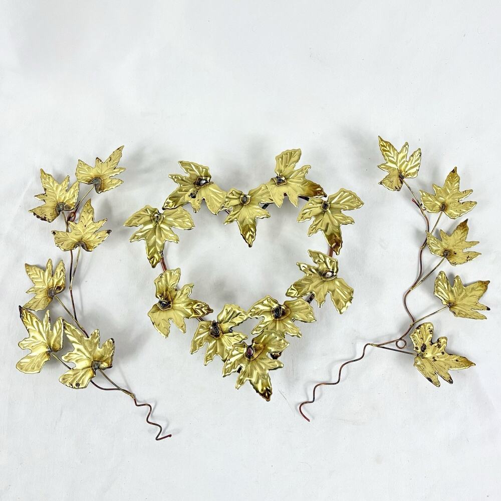 3 Stems Ivy Leaves Vines Heart Gold Tone Wall Art Decor Metal Accent HOMCO